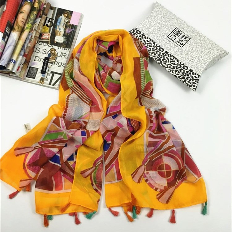 秋冬季韩国纱几何挂须巴厘纱围巾黄色
