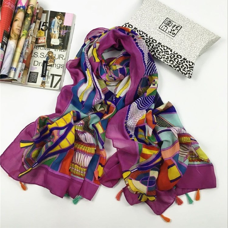 秋冬季韩国纱几何挂须巴厘纱围巾紫色